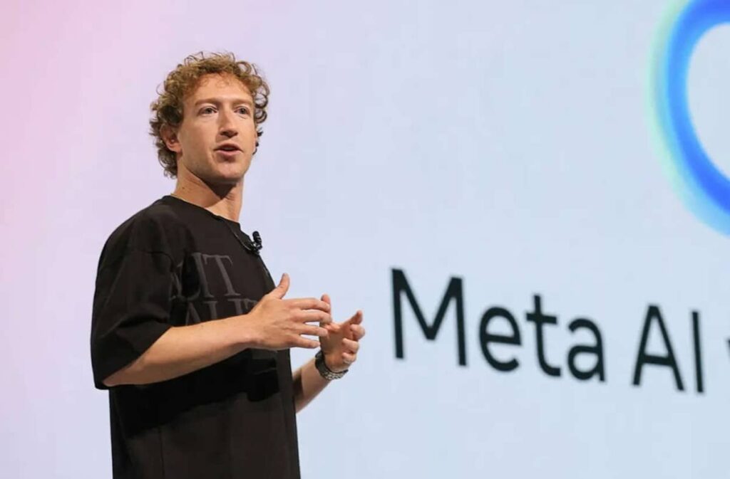 Meta CEO Mark Zuckerberg speaks about its AI voice tool at a introduction meet in Nov. 2024.
