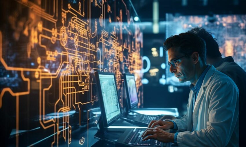 scientists at a computer station amid a neural AI network
