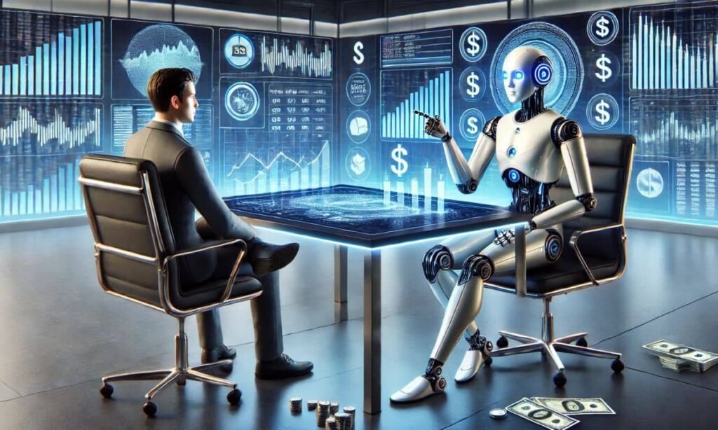 AI robot giving financial advice to a human in a high-tech office with holograms, dollar symbols, and market data displays.