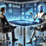 AI robot giving financial advice to a human in a high-tech office with holograms, dollar symbols, and market data displays. Florida tops in AI-powered money decisions.