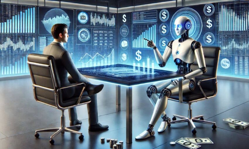 AI robot giving financial advice to a human in a high-tech office with holograms, dollar symbols, and market data displays. Florida tops in AI-powered money decisions.