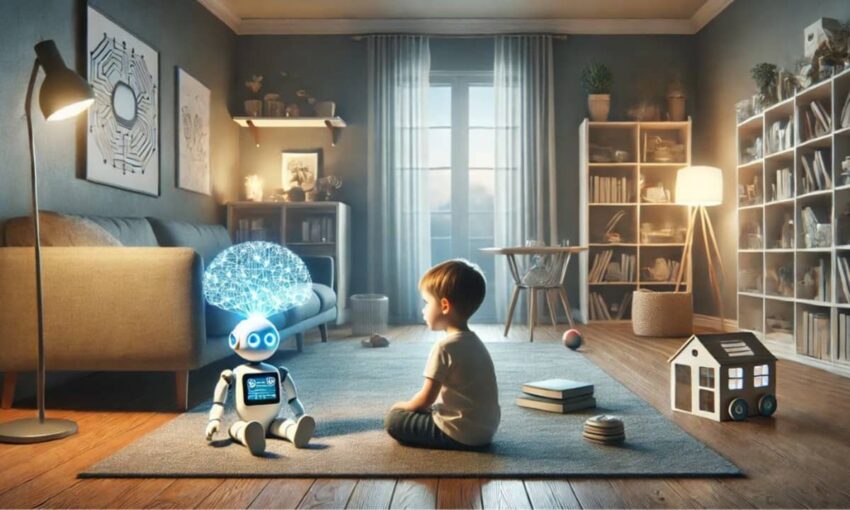 A child engrossed with an AI toy at home.