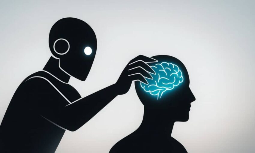 AI robot gently manipulating a glowing human brain, symbolizing how artificial intelligence influences human thought.