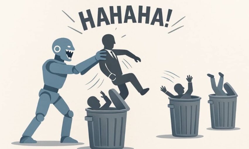 Minimal image portraying the AI impact through a robot throwing humans into trash cans to illustrate job loss risk.