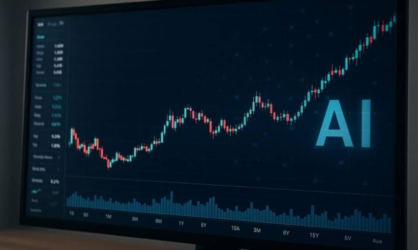 5. Realistic financial dashboard showing stock growth influenced by the ai wave in global markets.