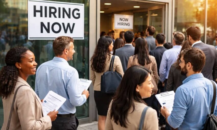 A diverse group of job seekers lines up at a busy hiring event, reflecting a resilient labor market as artificial intelligence reshapes work without erasing opportunity.