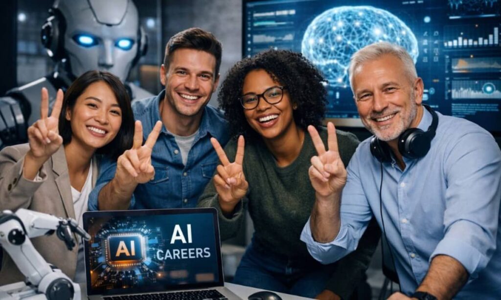A diverse group of professionals celebrate success by flashing victory signs in a modern tech workspace, symbolizing confidence and growth in AI careers.