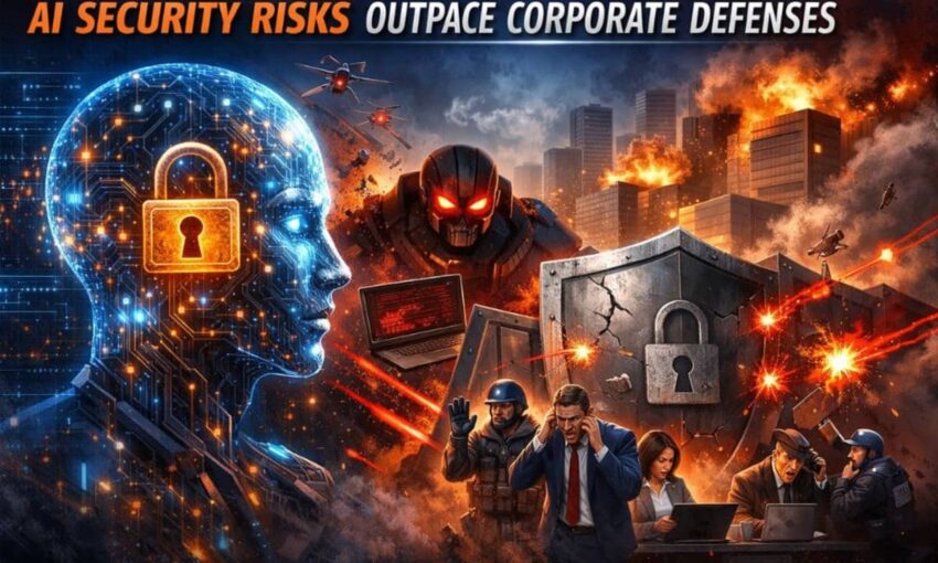 A graphic representation shows how aI security risks outpace security defenses.