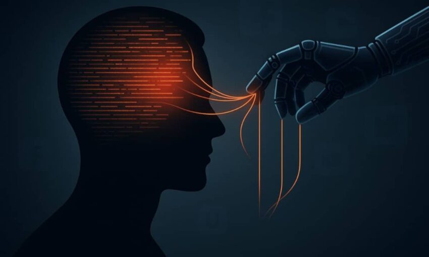 A robotic hand pulling data-threads from a human mind illustrates how AI systems can influence and reshape individual thinking.