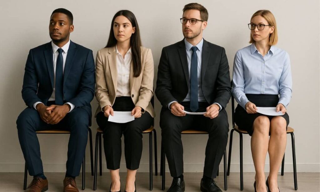 Four applicants sit anxiously in a row, waiting for interviews as the AI onslaught reshapes the job market.