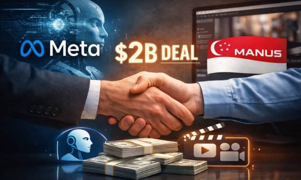 This image shows Meta Platforms expanding its reach in artificial intelligence through the acquisition of Manus, symbolizing the company’s push into AI agents and text-to-video technology.