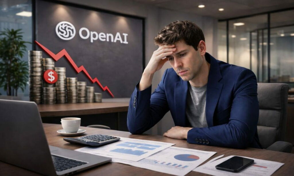 A-worried-Sam-Altman reviewing openai financial reports amid concerns of bankruptcy.
