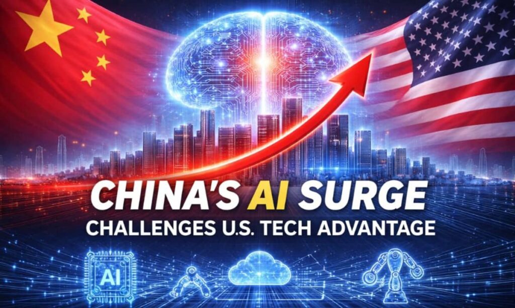 China’s AI growth is shown through rising digital systems that put increasing pressure on U.S. tech leadership.