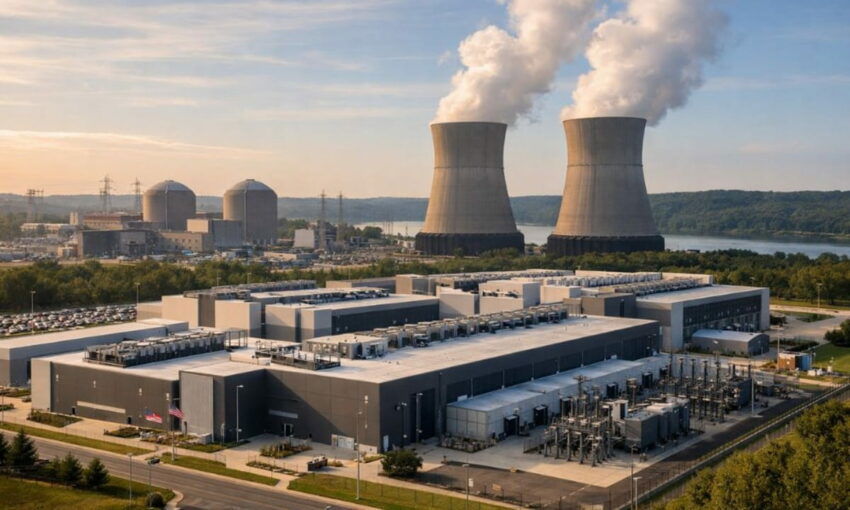 Meta’s artificial intelligence data centers are shown powered by nearby nuclear energy infrastructure.