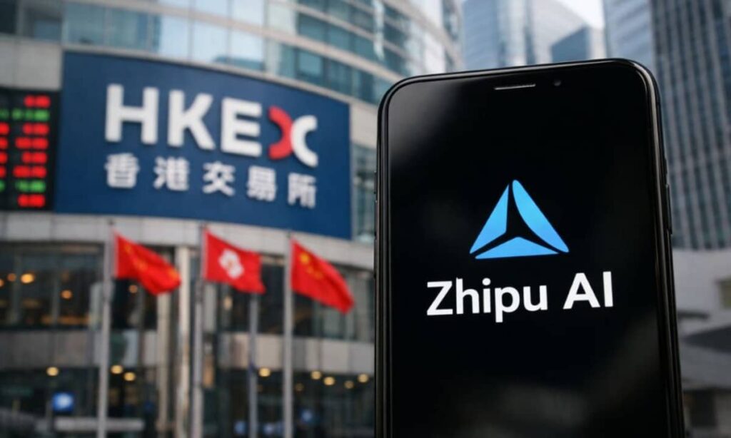This image captures Zhipu AI stepping onto the global stage, symbolizing China’s first major AI firm entering public markets through its Hong Kong debut.