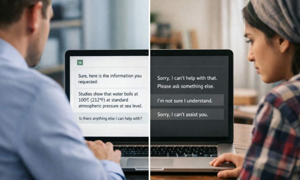 Contrasting AI chatbot responses in split screen highlight ai bias.