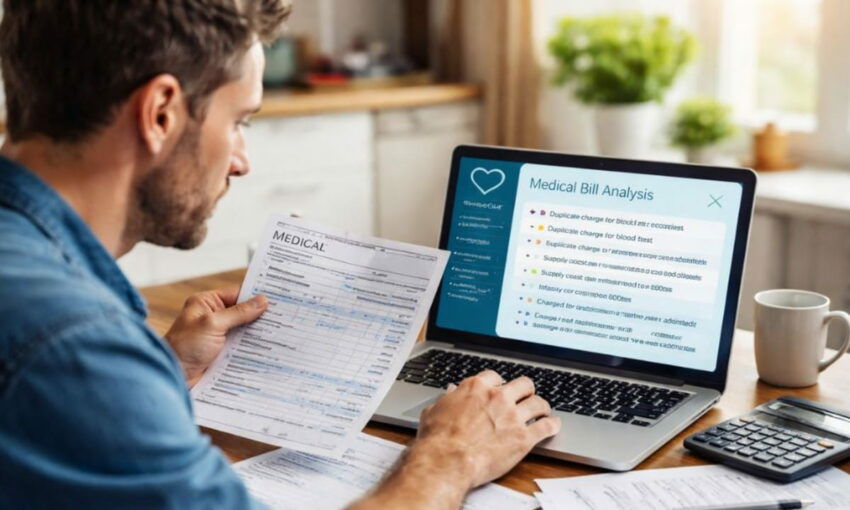 A man using AI to detect fraud in medical bill.