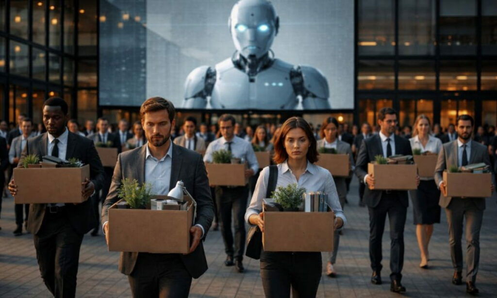 Laid off workers walking away with AI in the backdrop.