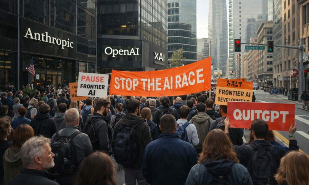 Protest march at AI headquarters against rapid rise of frontier AI.