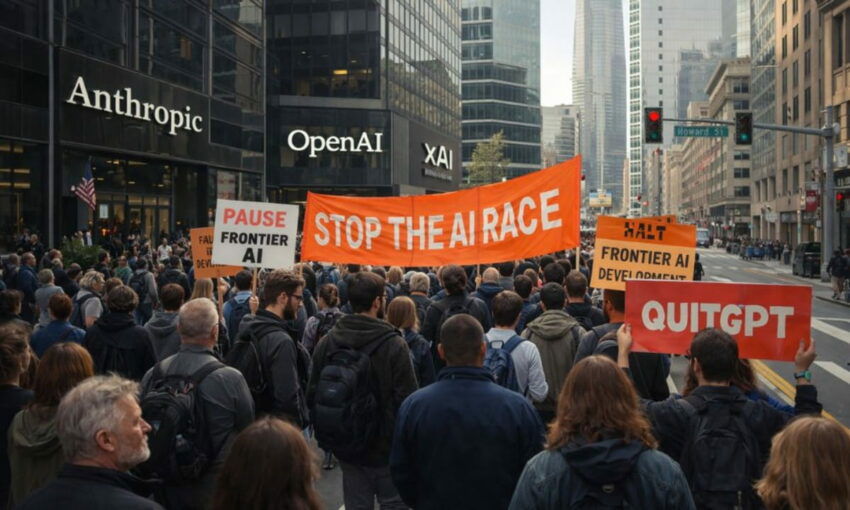 Protest march at AI headquarters against rapid rise of frontier AI.