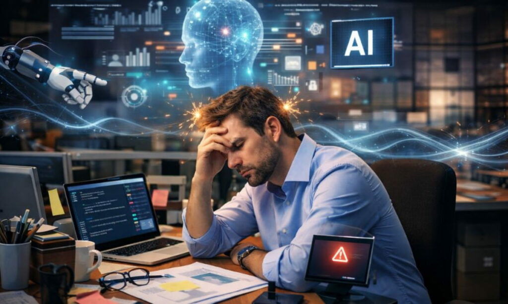 A worker experiencing ai brain fry from excessive ai tools use.