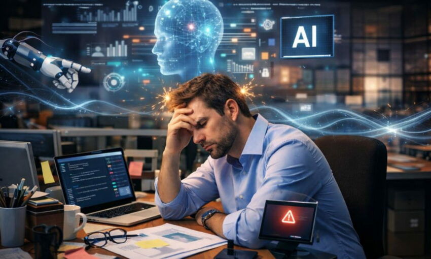 A worker experiencing ai brain fry from excessive ai tools use.