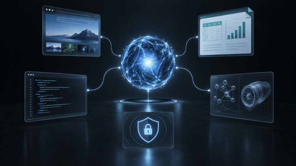 GPT-6 Astra concept illustration showing a glowing AI core connected to browser, spreadsheet, coding, engineering, and cybersecurity interfaces.